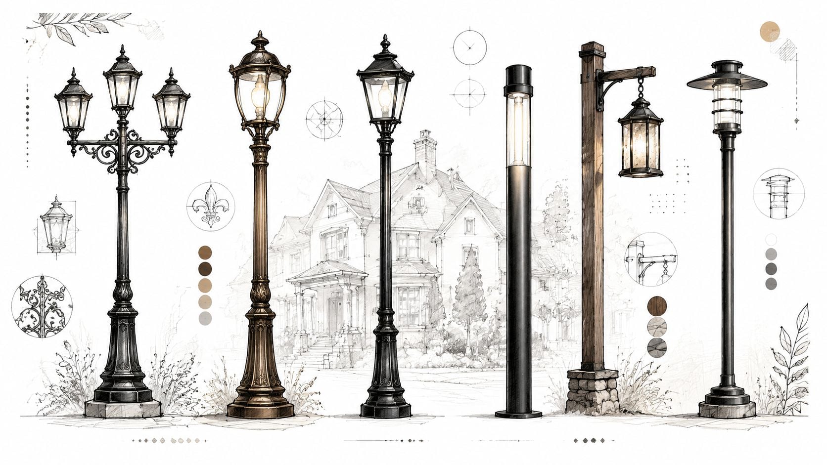 A collection of various decorative outdoor lamp post designs displayed against a sketch of a suburban house.