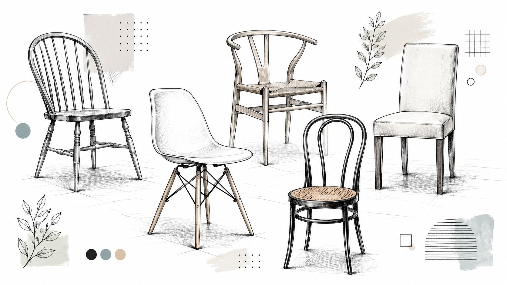 A collection of five different styles of dining chairs depicted in a detailed sketch illustration.