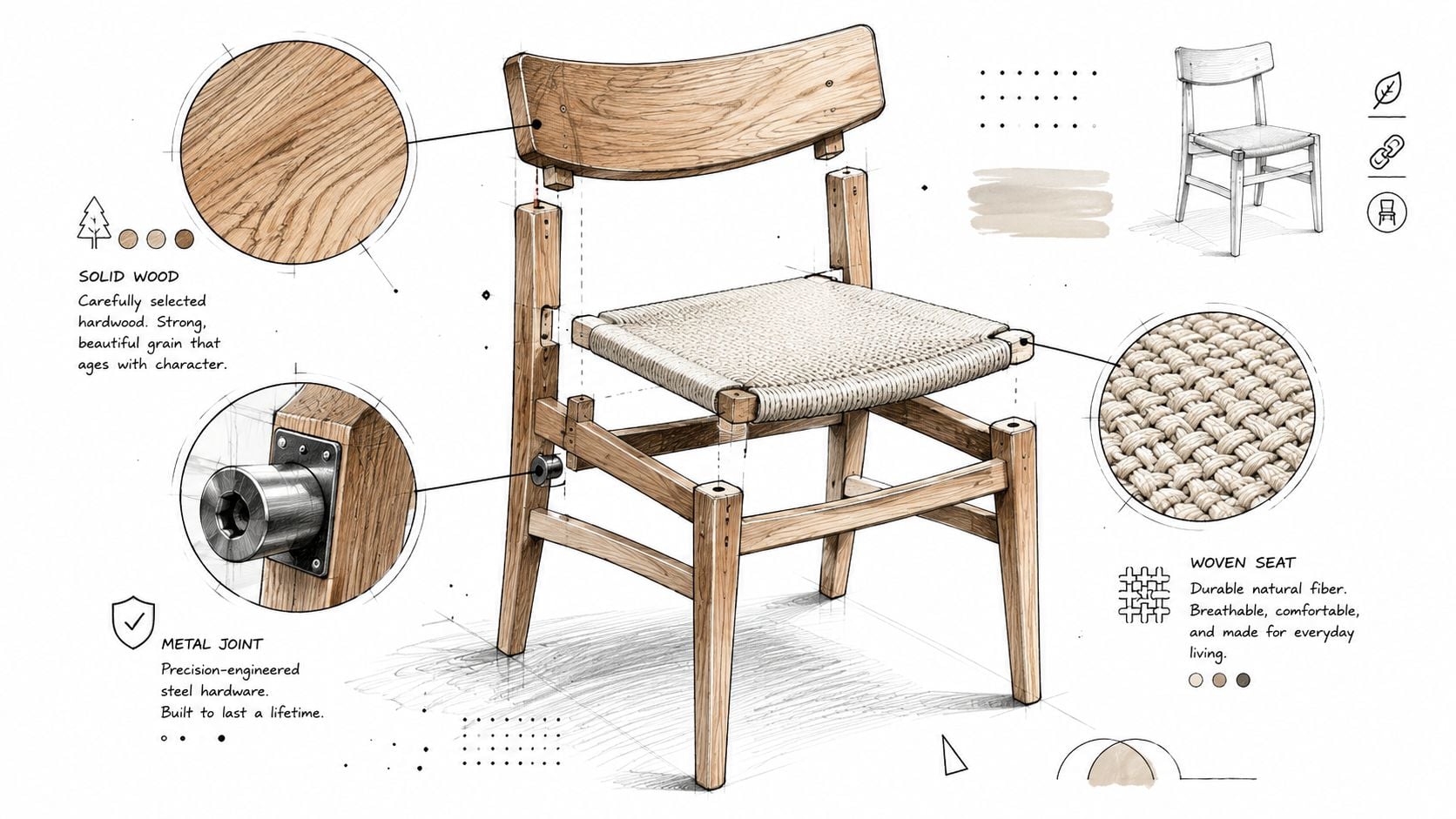 A detailed technical illustration of a wooden dining chair with callouts highlighting its solid wood, metal hardware, and woven seat.