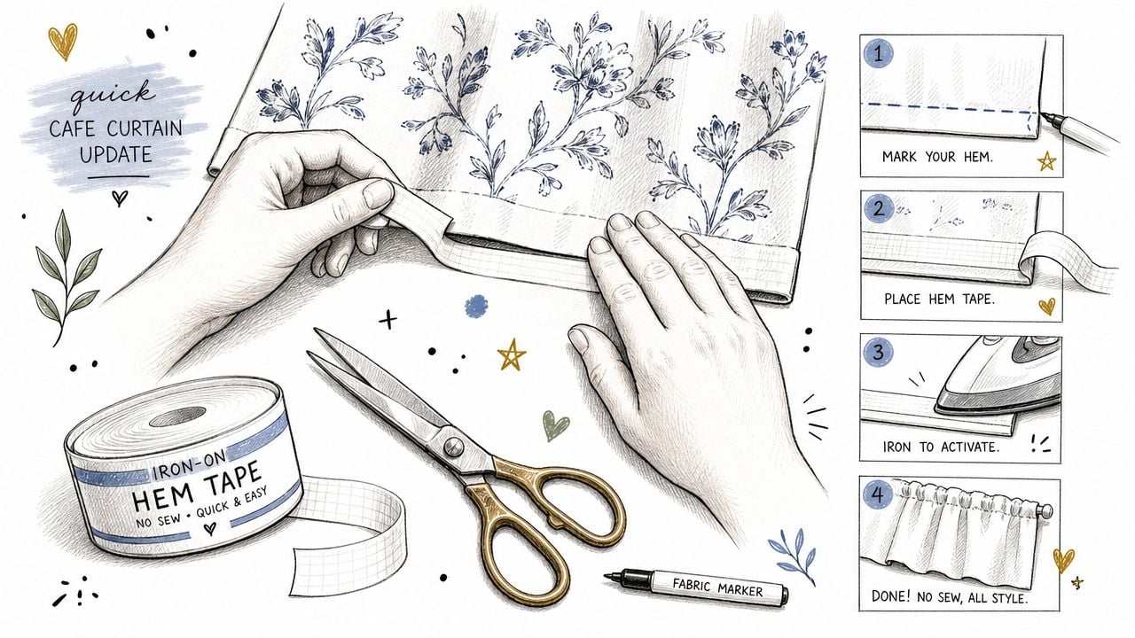 An illustrated step-by-step guide showing how to create DIY cafe curtains using iron-on hem tape.