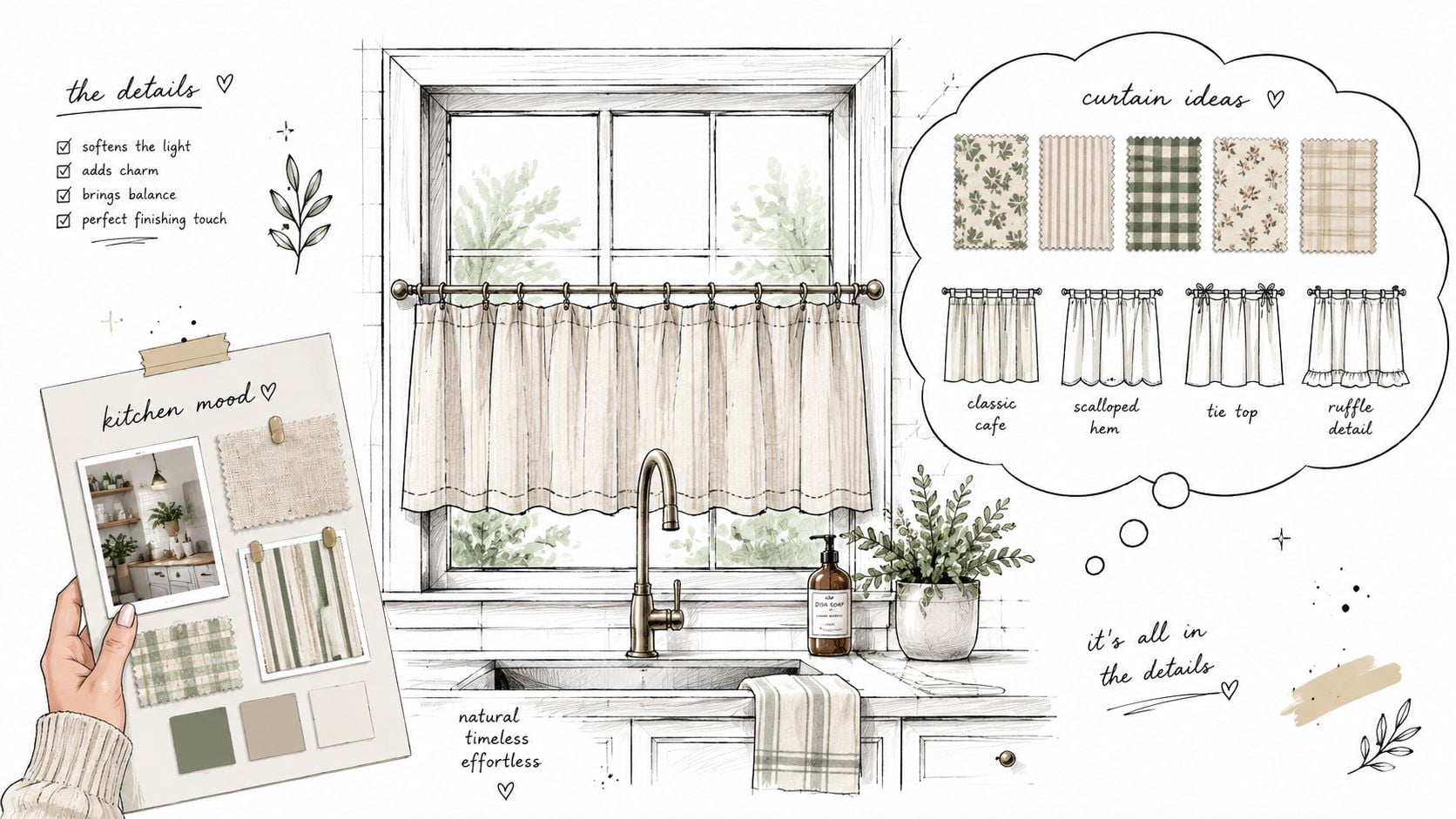 A digital illustration showing kitchen cafe curtain design inspiration, fabric patterns, and styling ideas for home decor.