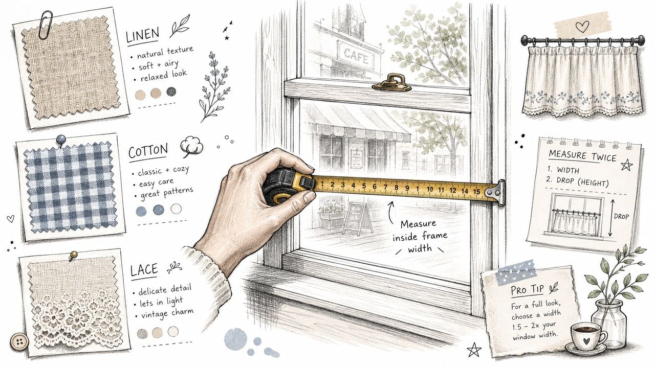 A hand measuring a window frame with a tape measure next to fabric samples for DIY curtains.