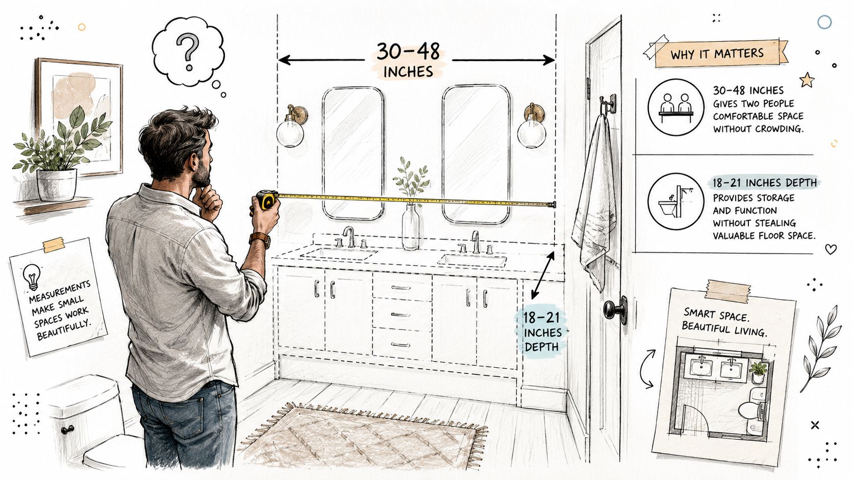 A man measuring a bathroom vanity area with text explaining ideal dimensions for double sink configurations.