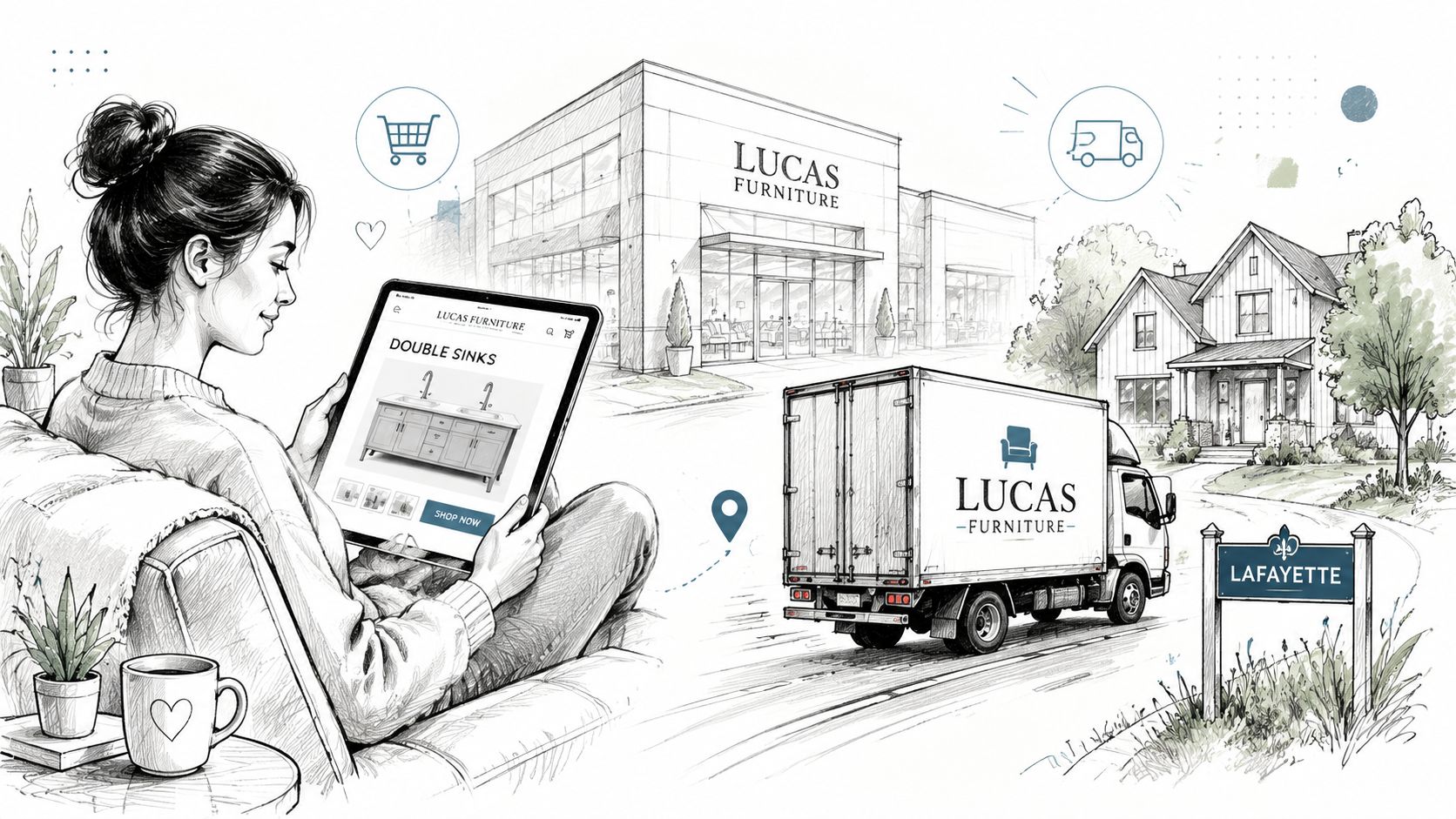 A woman shopping for double bathroom sinks online, with a delivery truck en route to a home.