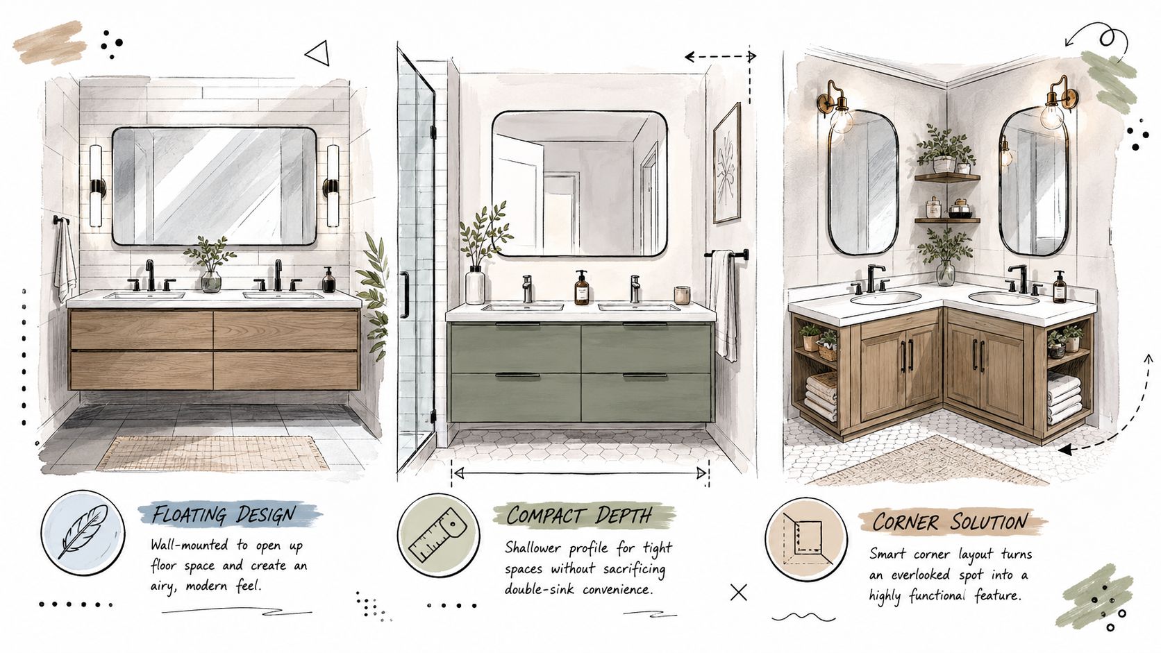Three different bathroom vanity design concepts showing floating, compact, and corner layouts with double sinks.