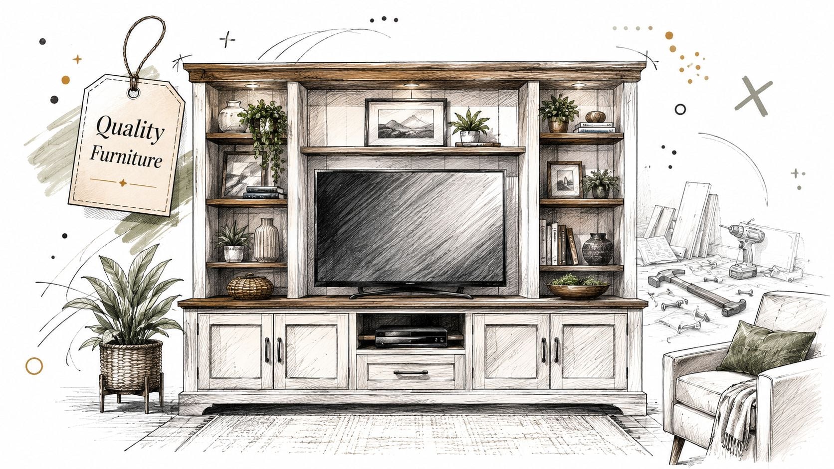 A detailed illustration of a wooden entertainment center with shelves, decor, and a television displayed.