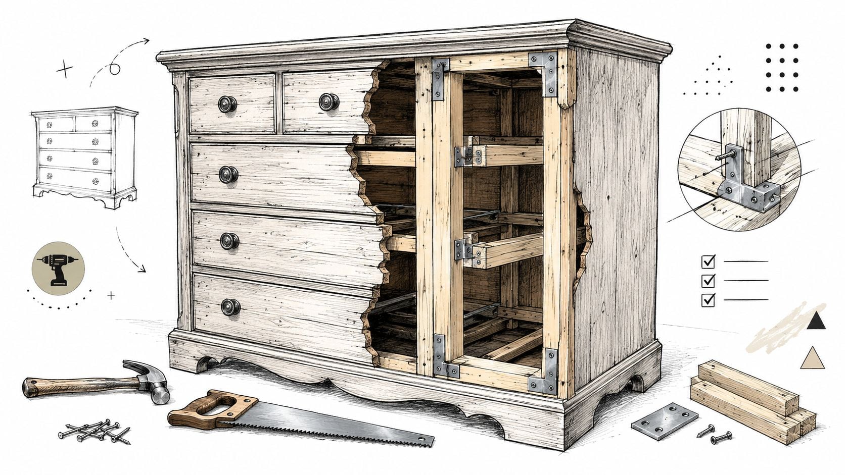 A detailed illustration showing the process of converting a wooden dresser into a custom entertainment center console.