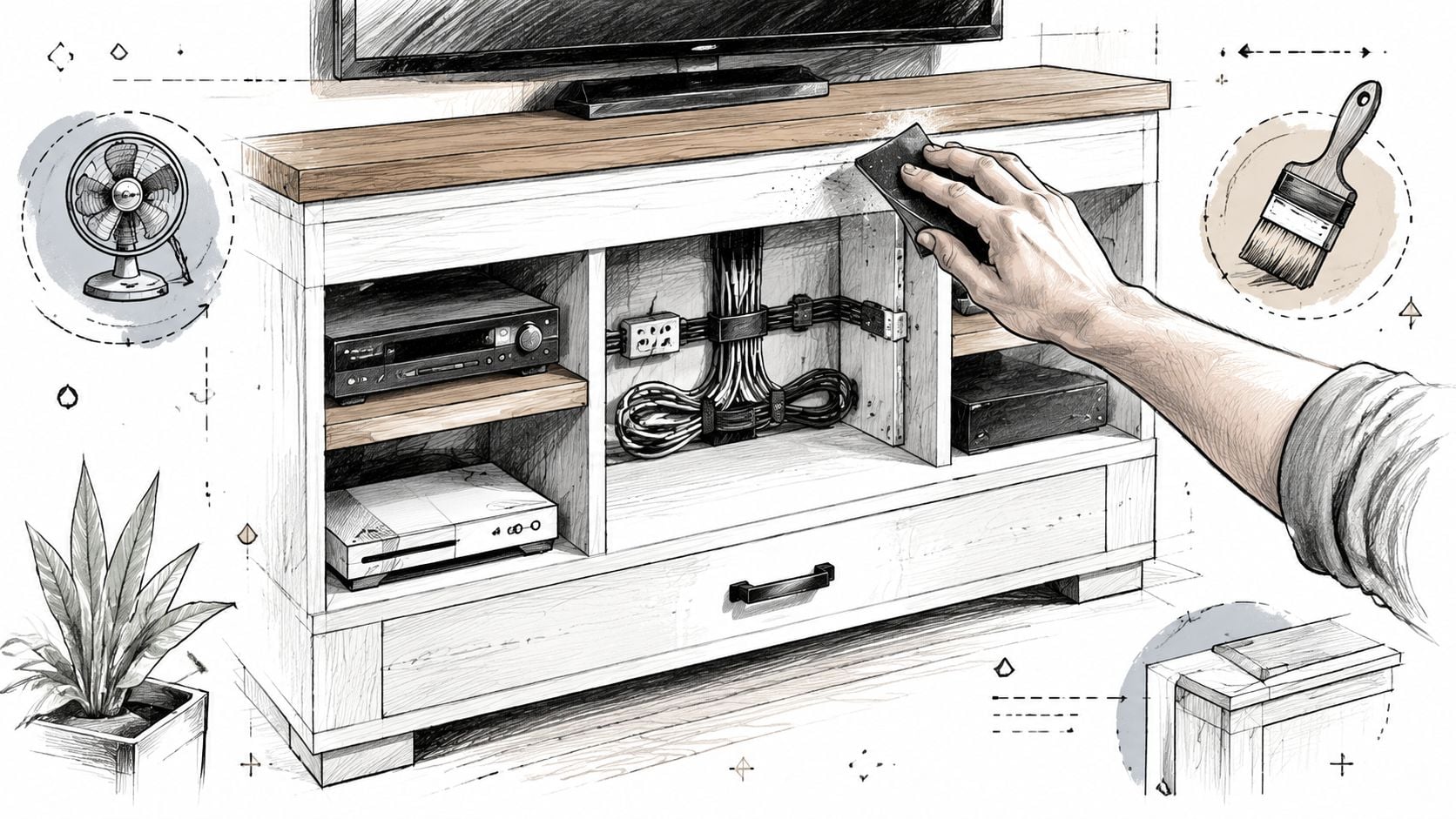 A hand sanding a wooden television stand, showcasing a renovation project to transform a dresser into an entertainment center.