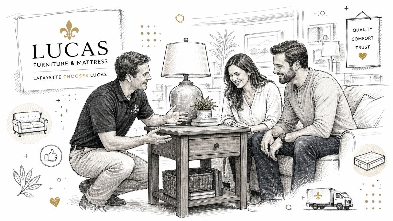 A friendly furniture store associate helps a smiling couple choose a wooden end table for their home.