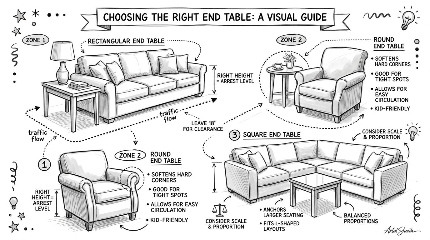 A visual guide explaining how to choose the right end table size and shape for different sofa layouts.