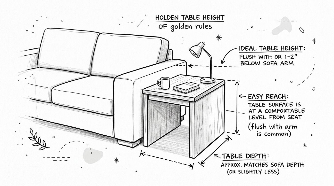 A black and white line drawing illustration showing the ideal height and depth measurements for end tables.