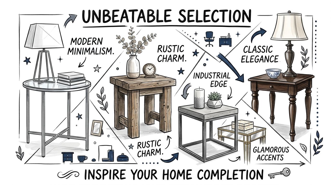 An illustration showcasing various interior design styles for end tables including modern, rustic, industrial, and classic designs.