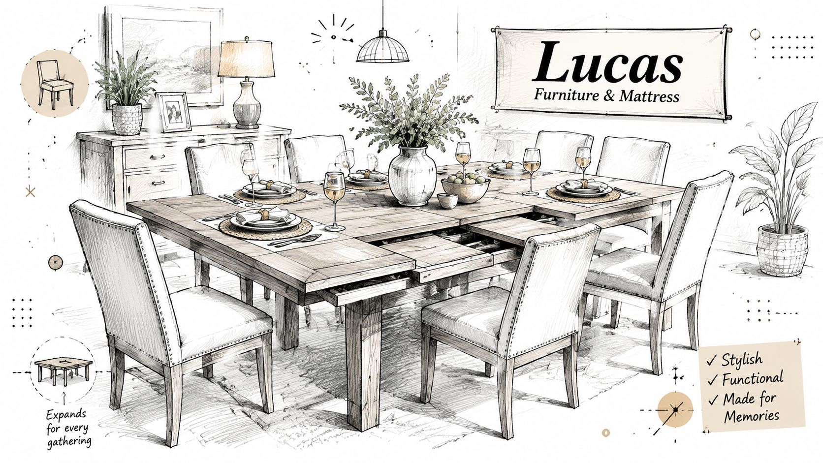 A detailed architectural sketch of an elegant expandable wooden dining table surrounded by upholstered chairs.