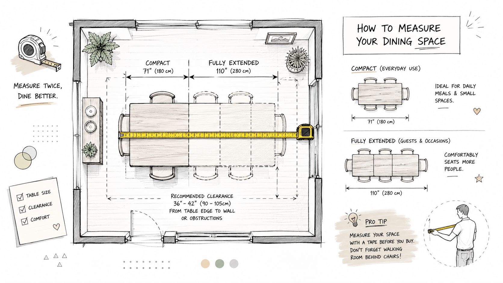 A diagram demonstrating how to measure a dining room space for a compact and fully extended table.