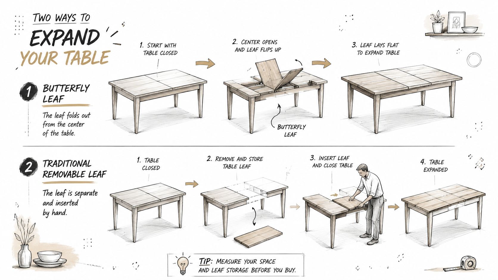 A diagram illustrating two different methods for expanding a dining table: butterfly leaf and traditional removable leaf.