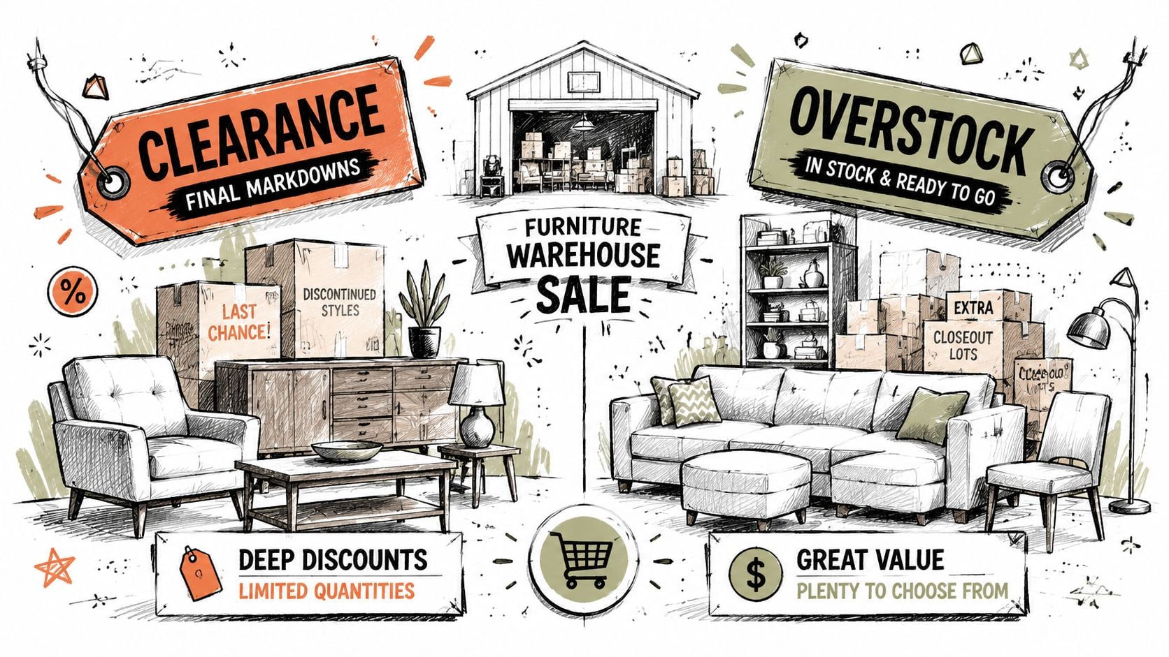 A hand-drawn sketch depicting a furniture warehouse sale with discount tags, boxes, and home furniture items.