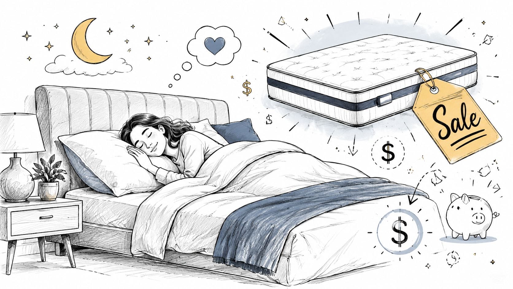 A line art illustration of a person sleeping comfortably on a bed next to a discounted mattress.