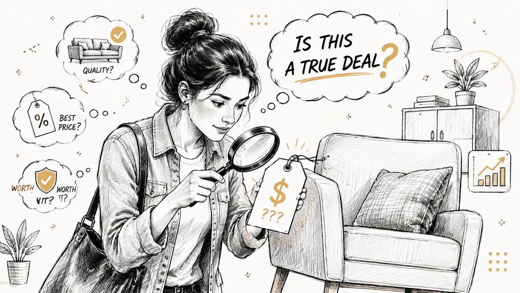 A woman uses a magnifying glass to inspect a furniture price tag, questioning if it is a deal.