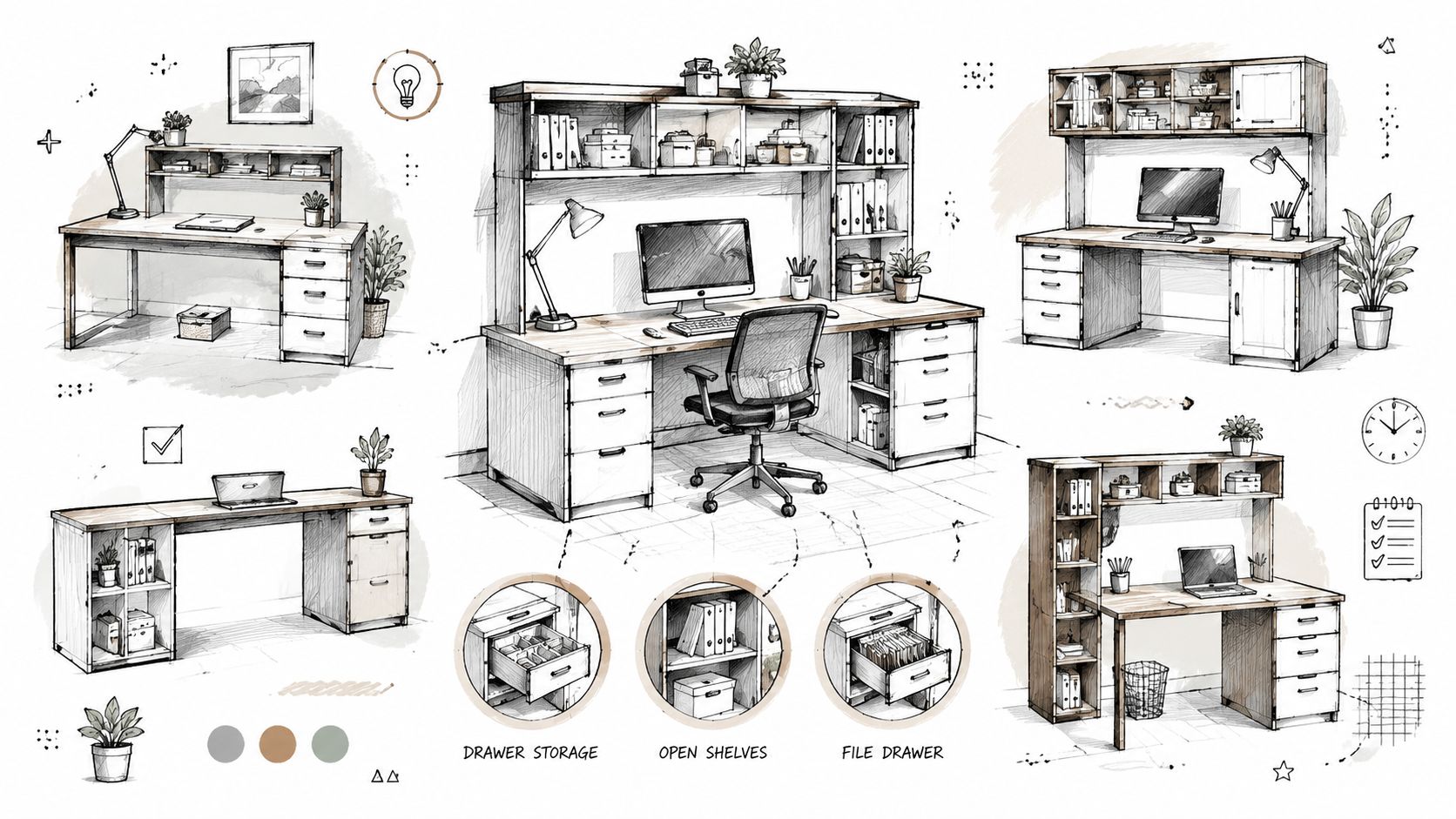 A detailed architectural sketch featuring various home office desk designs with integrated storage and shelving solutions.