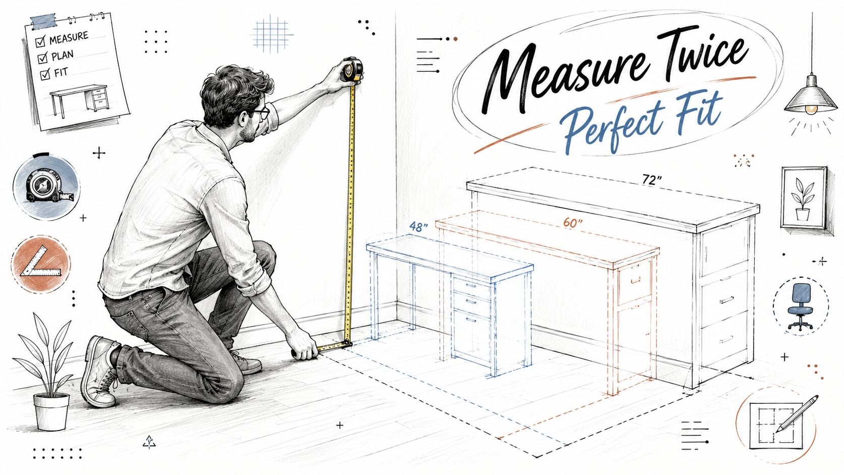 A man measuring a wall space for a new office desk using a yellow tape measure.