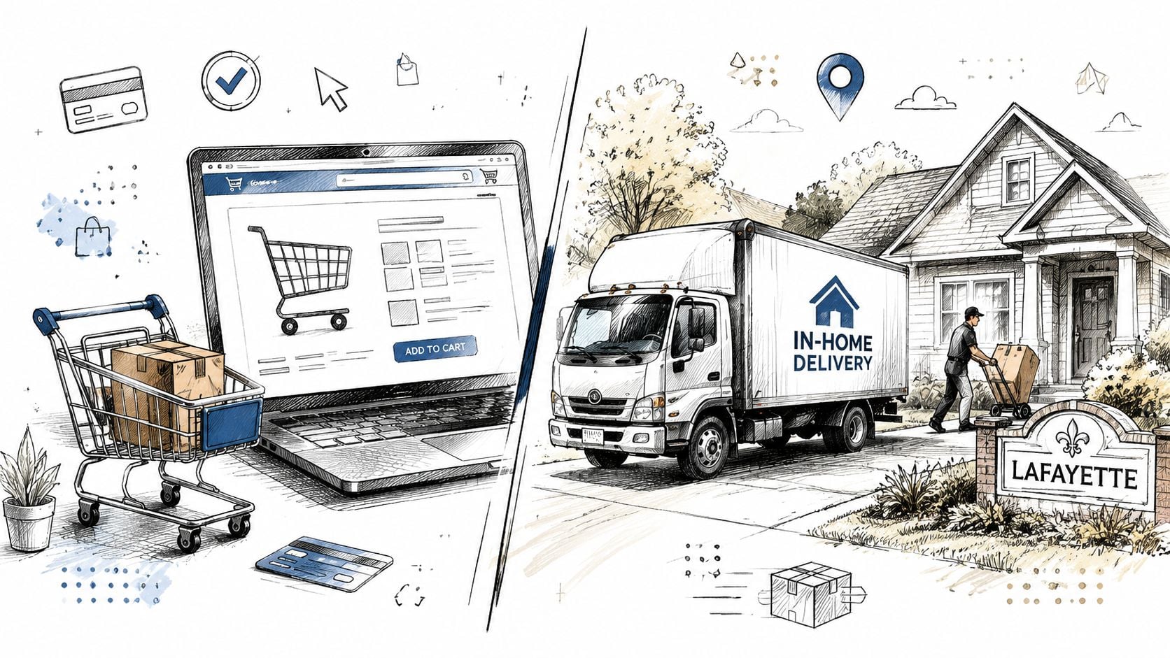 A split illustration showing online shopping on a laptop and delivery service to a home in Lafayette.