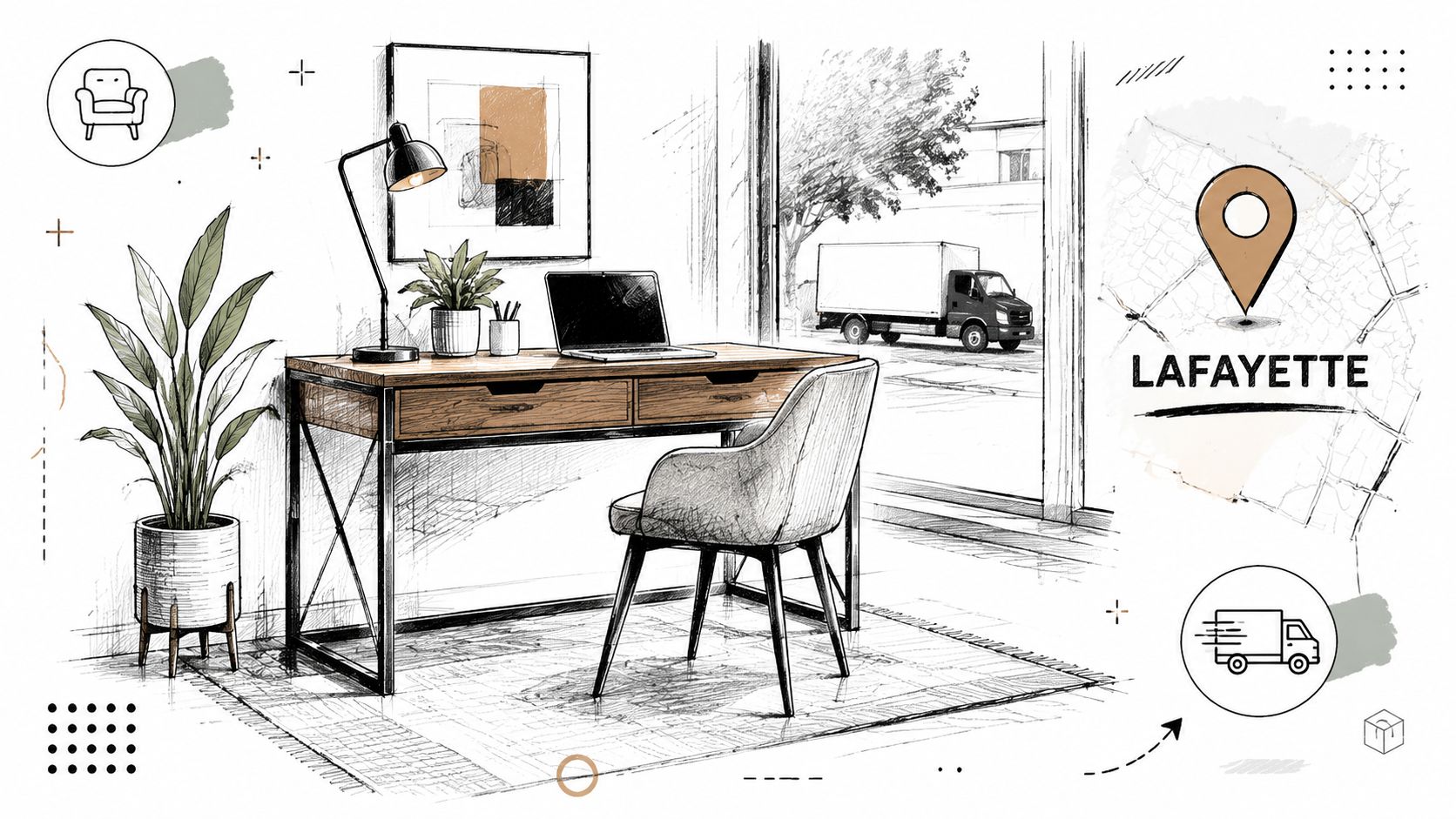 A hand-drawn sketch of a modern home office desk setup with a laptop and a chair.