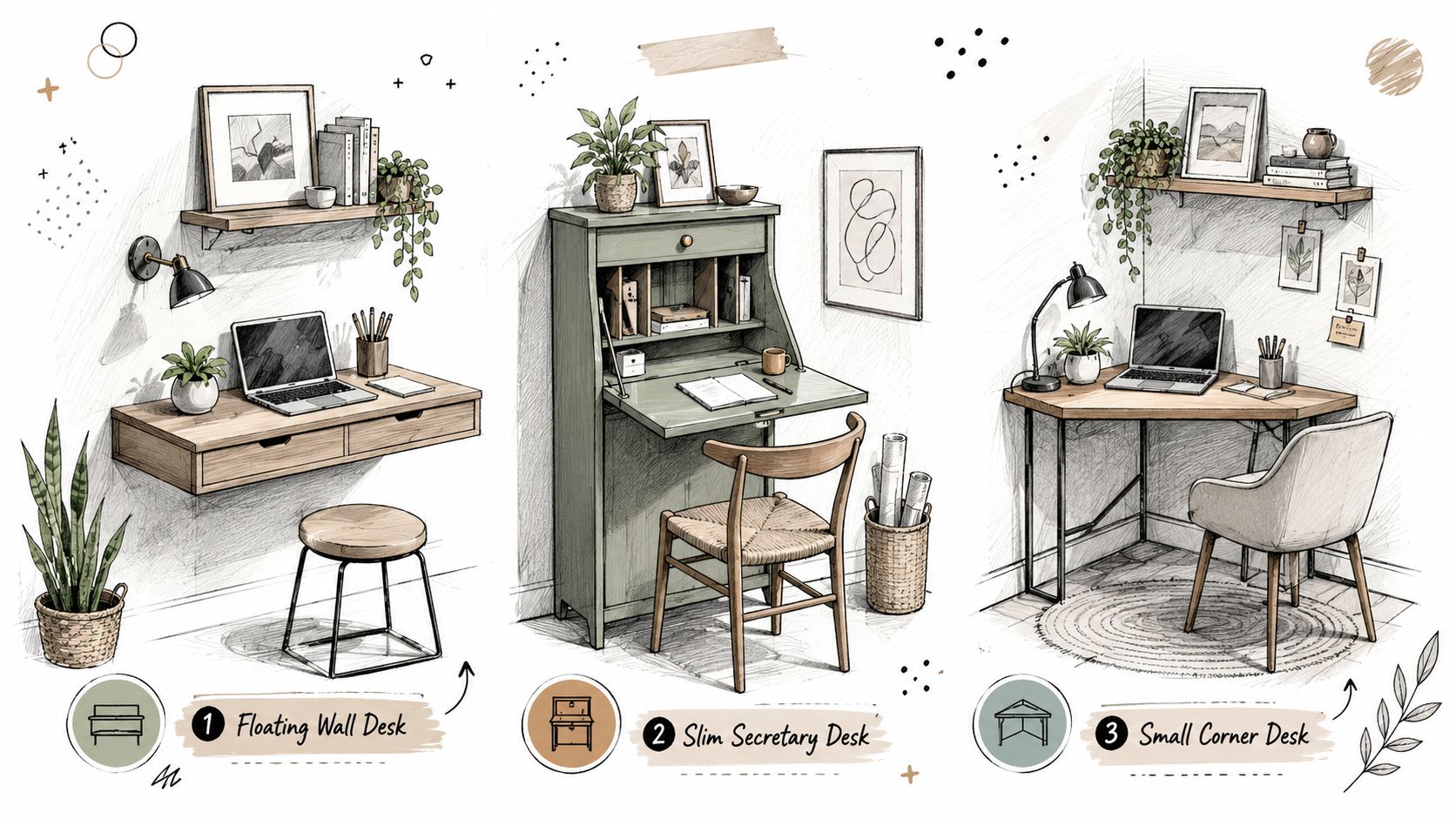 A digital illustration showing three different styles of space-saving home office desks with chairs and decor.