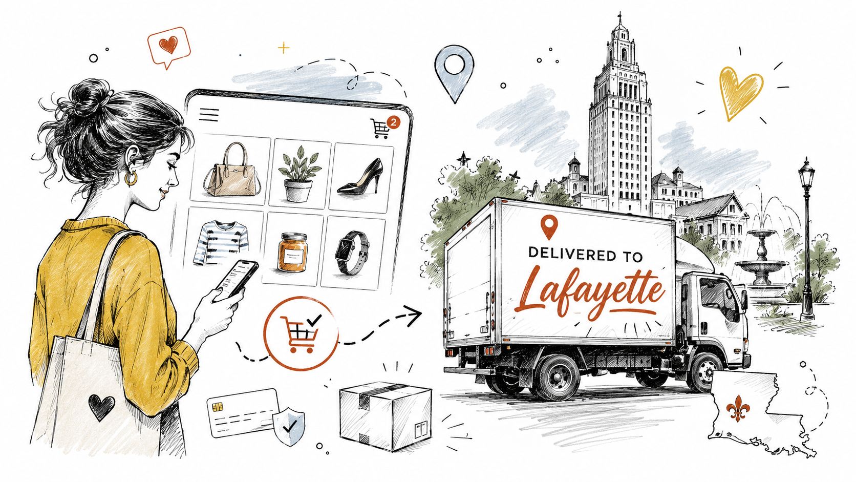 A sketched illustration of a woman shopping online with a delivery truck headed toward Lafayette, Louisiana.