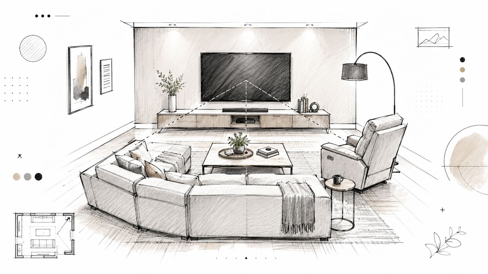 An architectural sketch showing a modern living room furniture layout with a sectional sofa and television console.