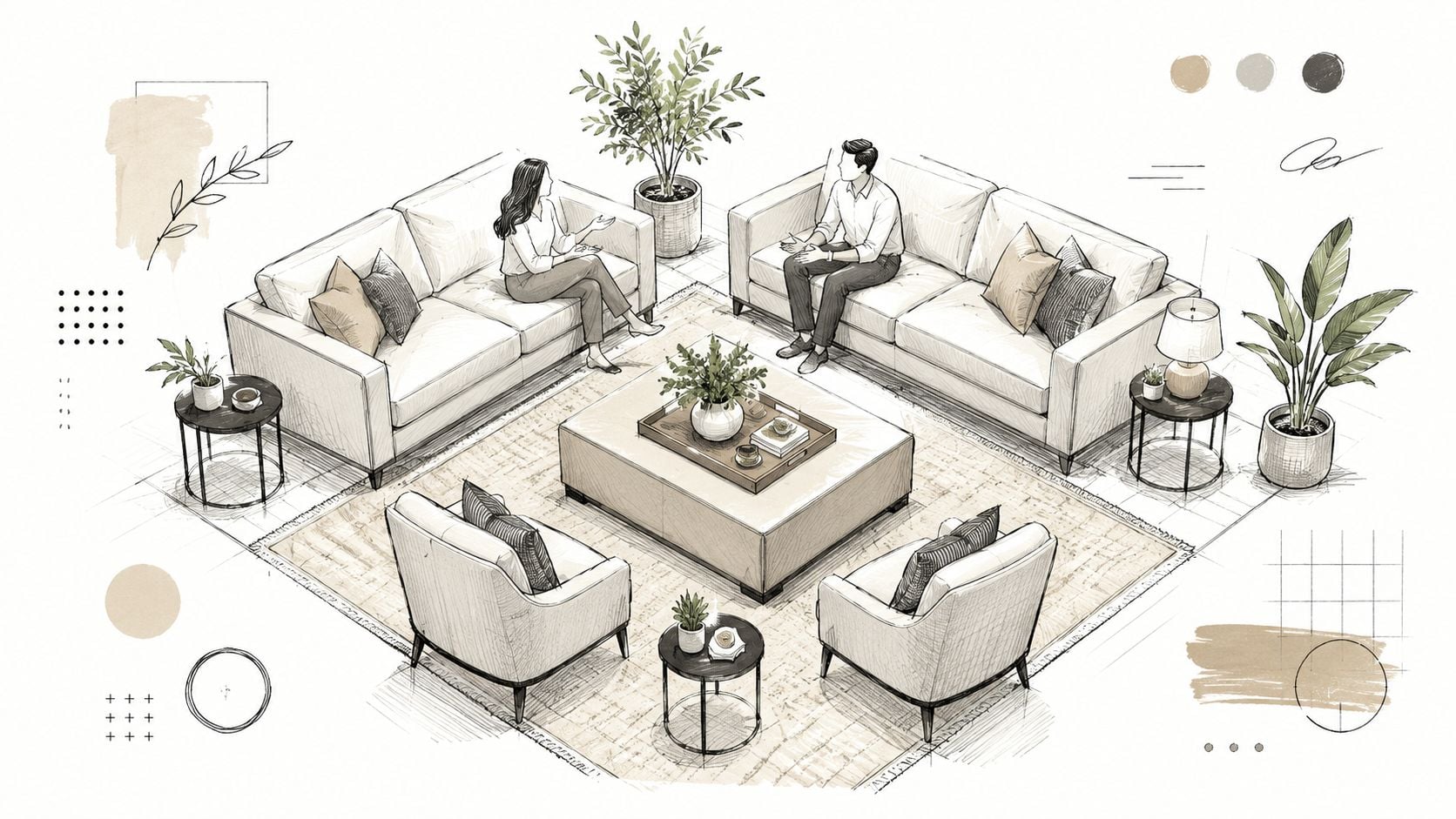 A sophisticated architectural sketch of a living room with two sofas, two armchairs, and coffee tables.