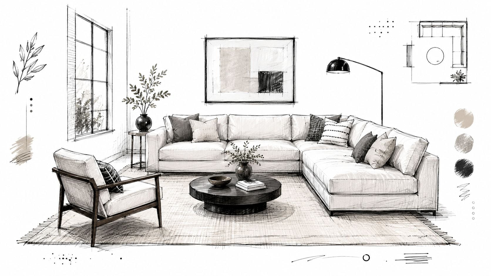 A detailed pencil sketch of a modern living room featuring a sectional sofa, coffee table, and chair.