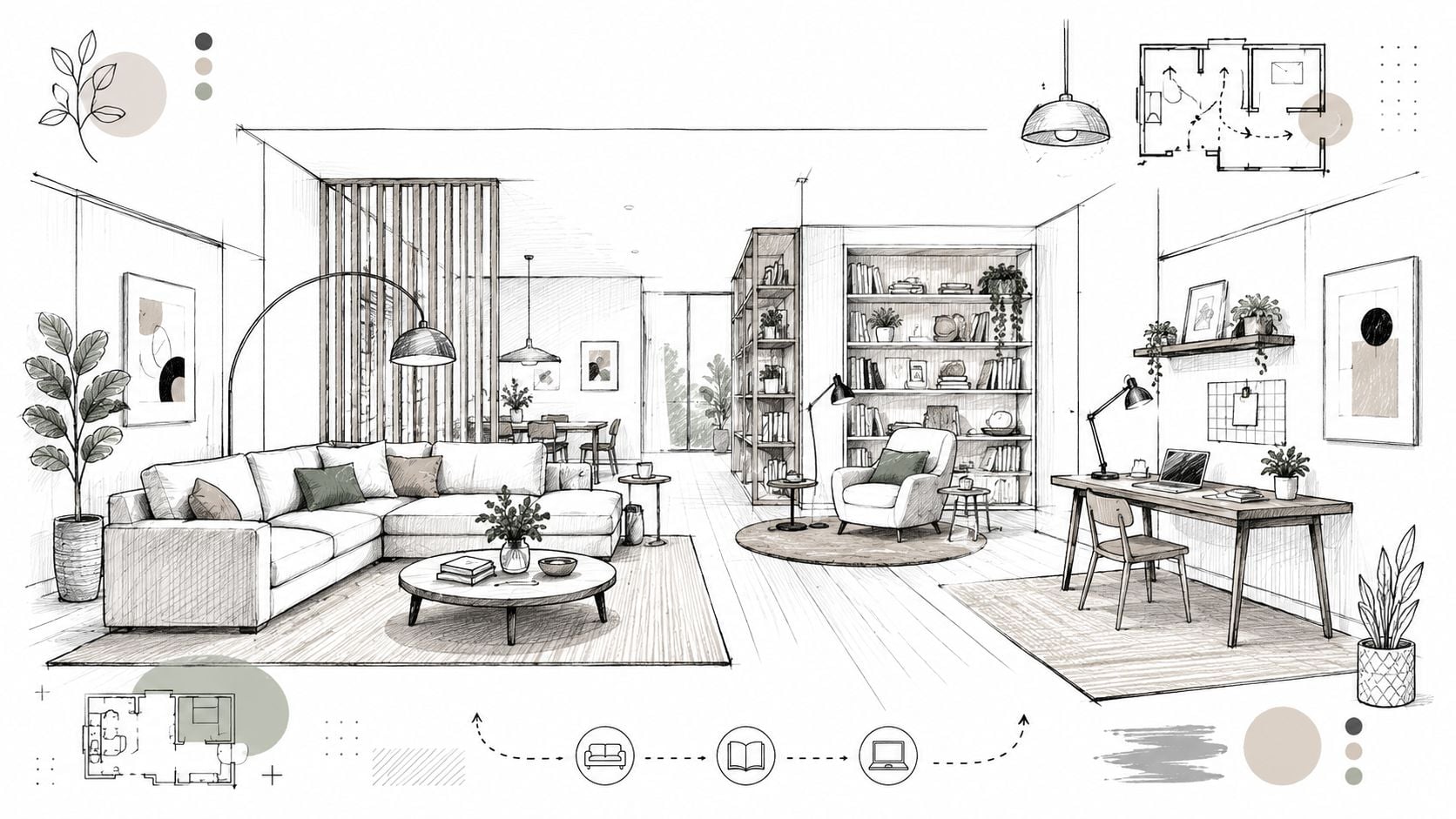 A hand-drawn sketch of an open concept living room with modern furniture, a workspace, and floor plans.
