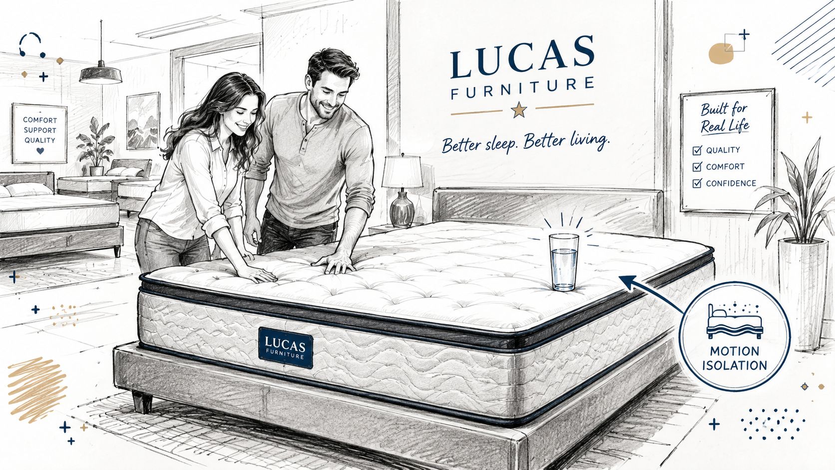 A couple touching a Lucas Furniture mattress while a glass of water stands still, demonstrating motion isolation.