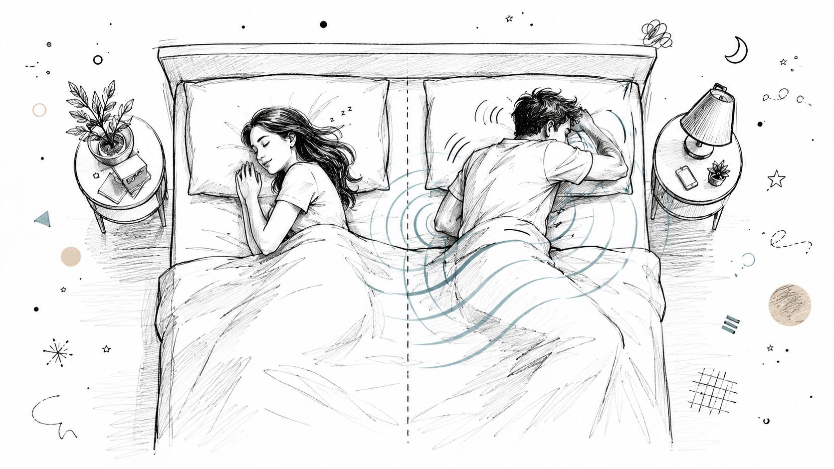 A pencil sketch of a couple in bed showing one person sleeping soundly while the other tosses.