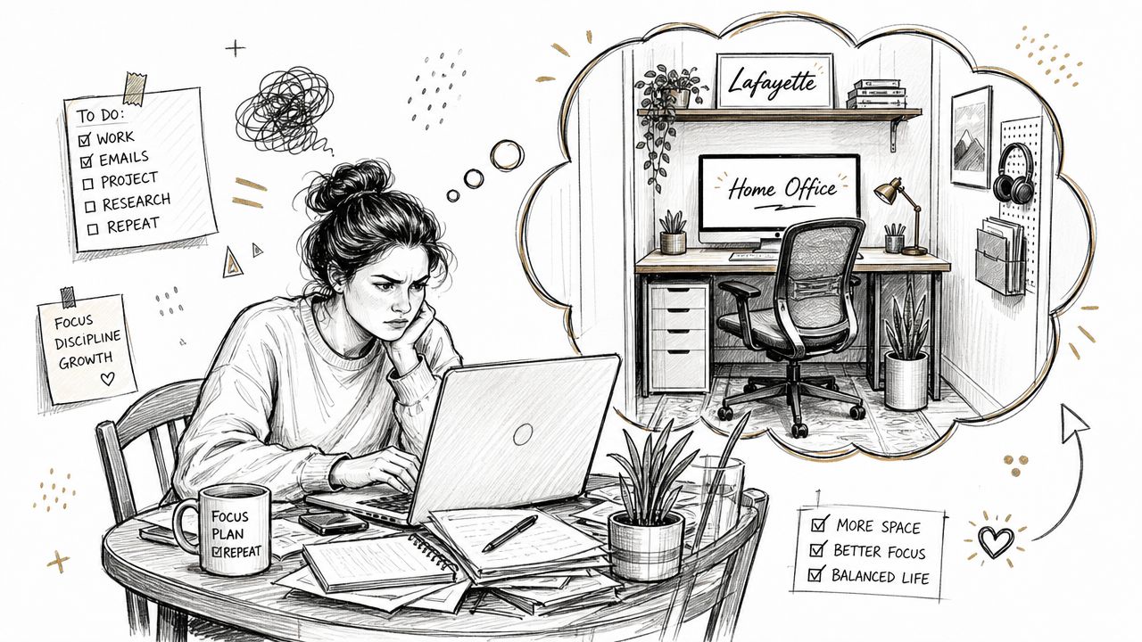 A woman working at a cluttered table while dreaming of a tidy and organized home office workspace.