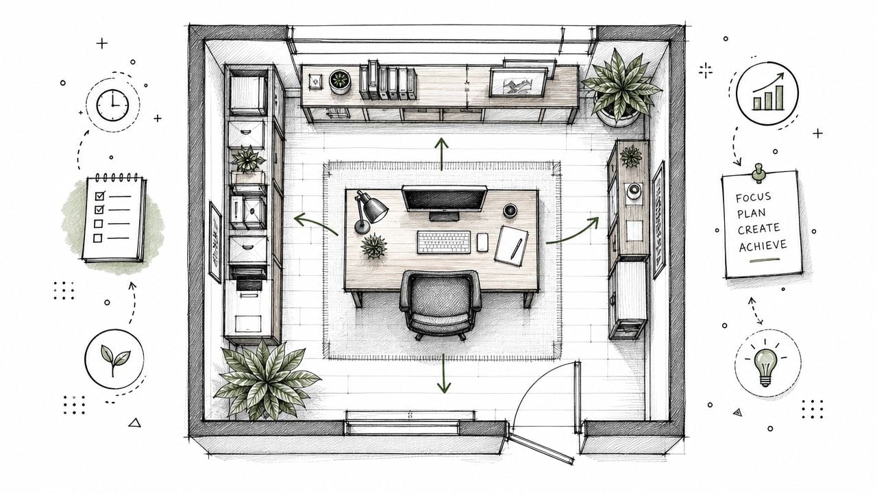 A hand-drawn overhead architectural floor plan of a modern home office with desk, storage, and decorations.