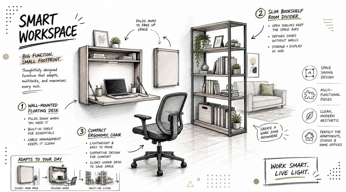 A hand-drawn illustration showcasing smart, space-saving office furniture solutions for small apartments and home workspaces.