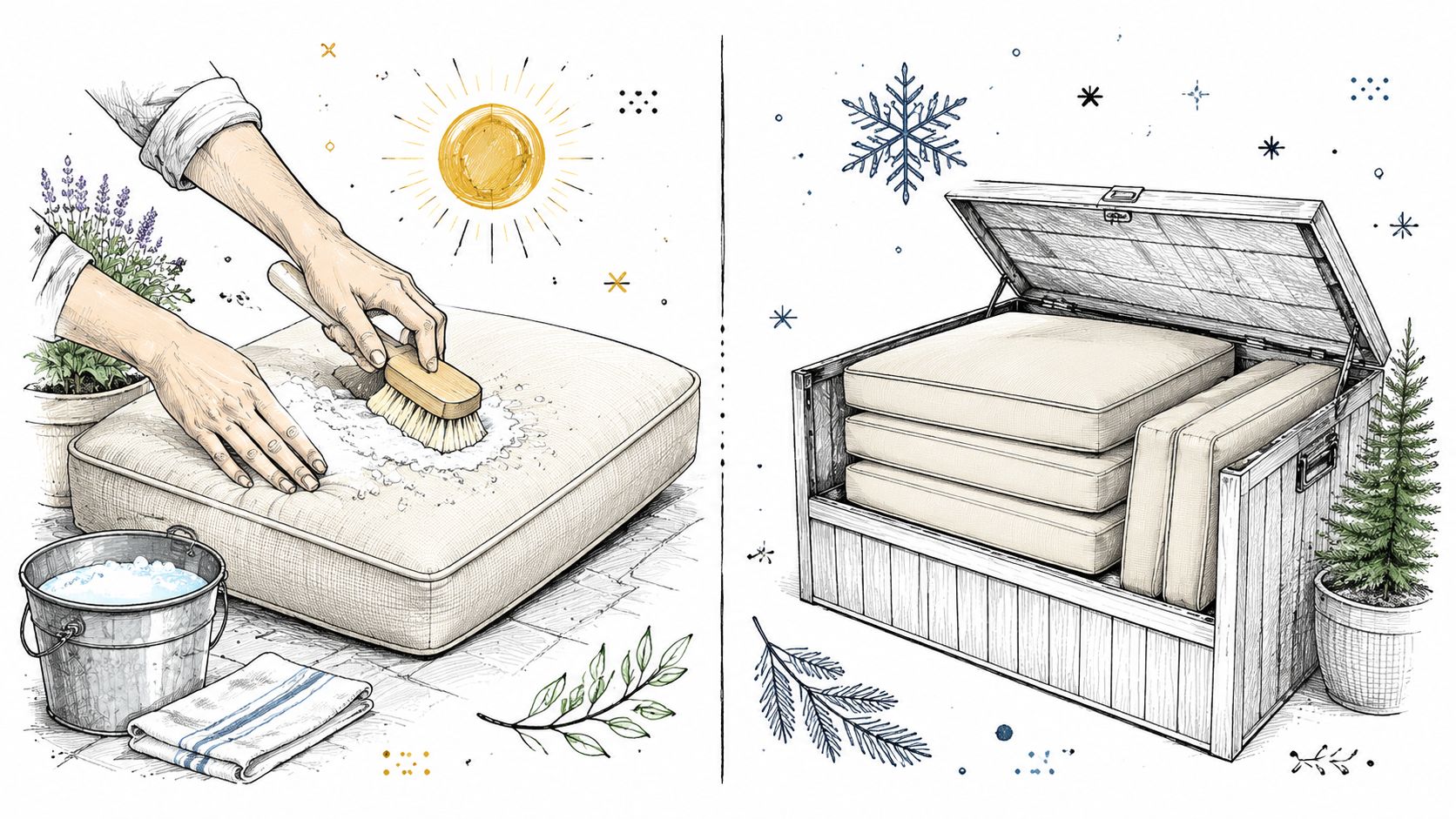 A split illustration showing patio cushions being scrubbed clean on the left and stored in a box on the right.