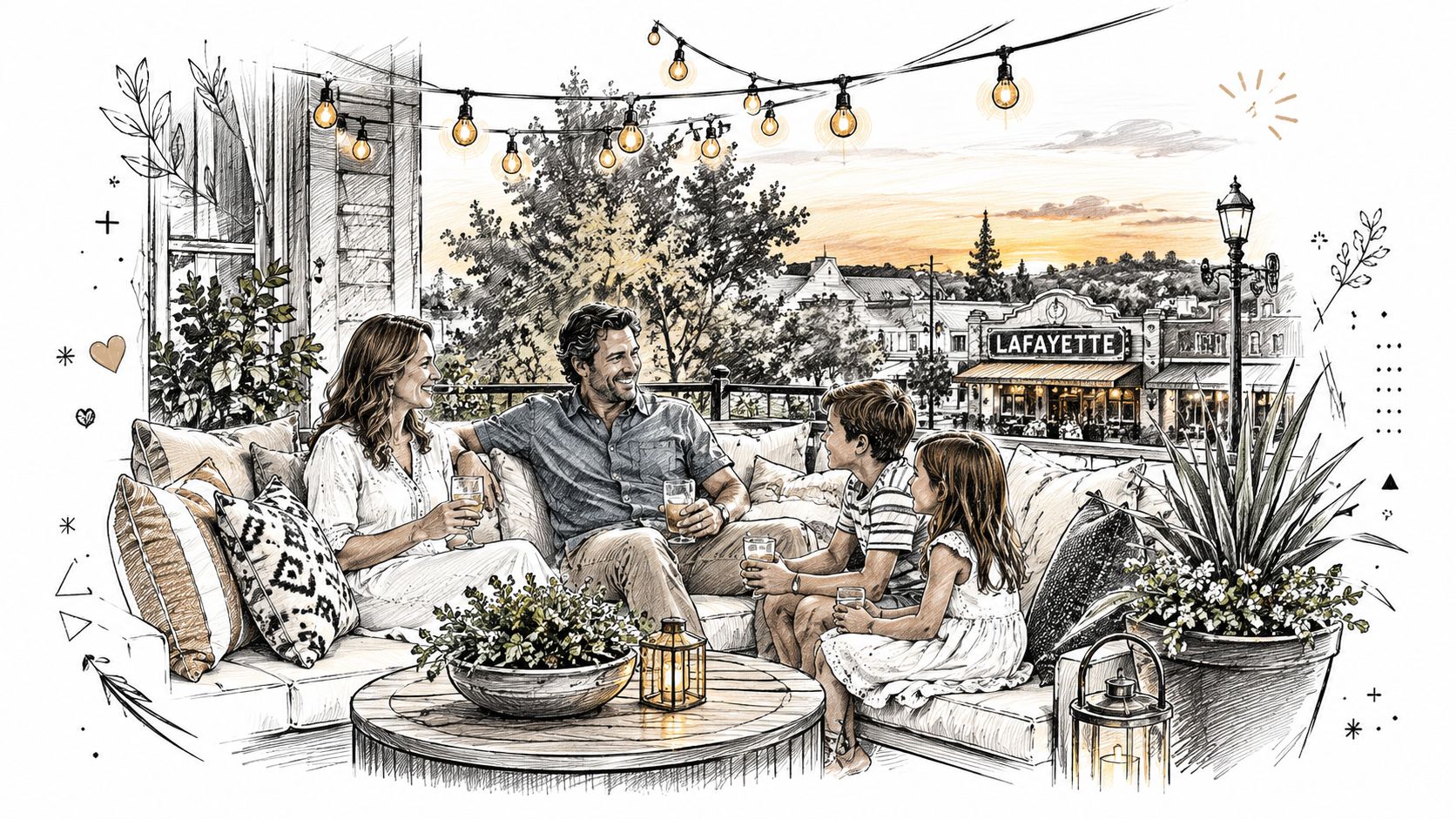 A family sits on comfortable outdoor patio furniture cushions enjoying drinks on a beautiful summer evening.