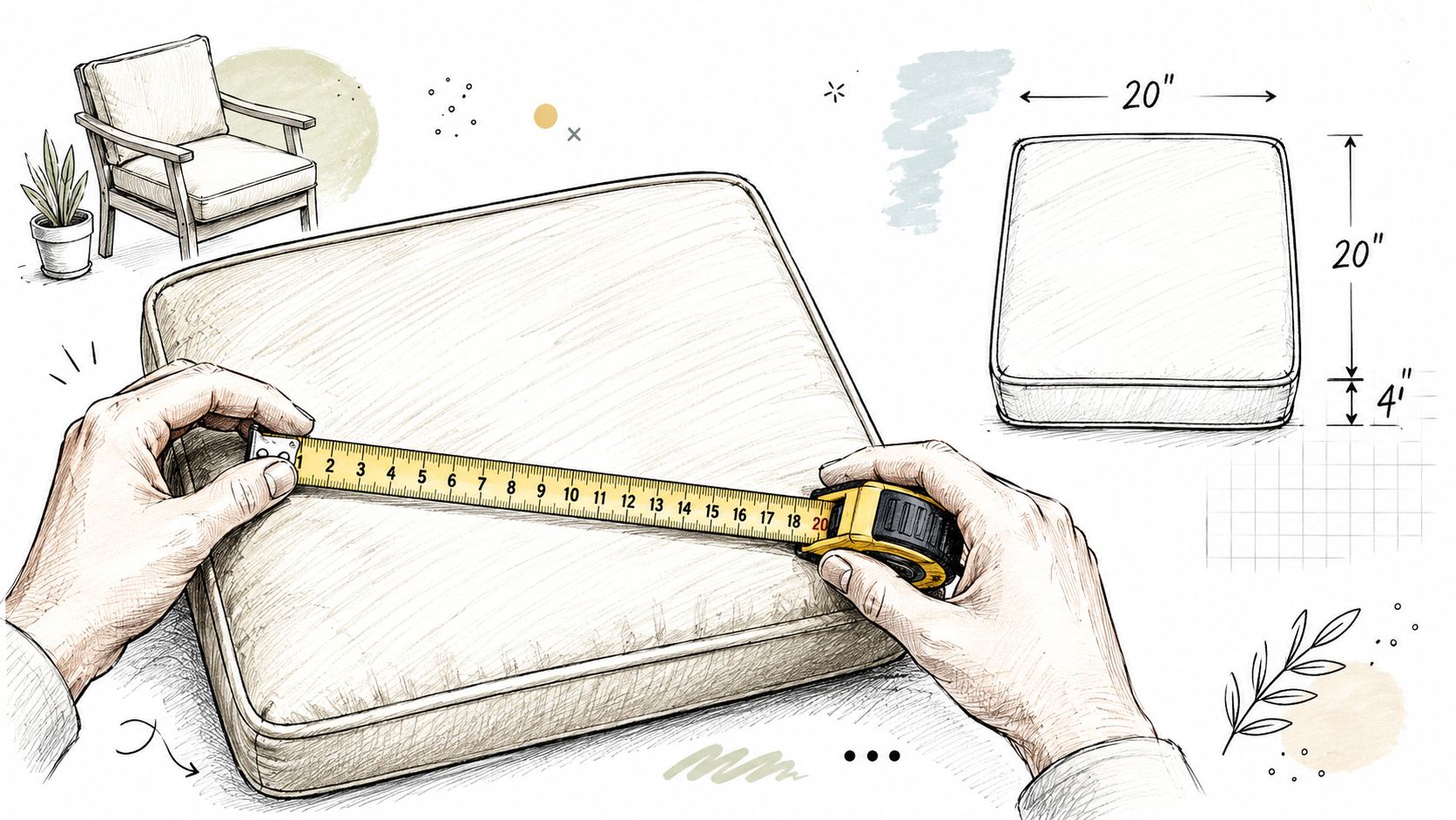 A close-up illustration of hands using a yellow tape measure to measure a square patio seat cushion.