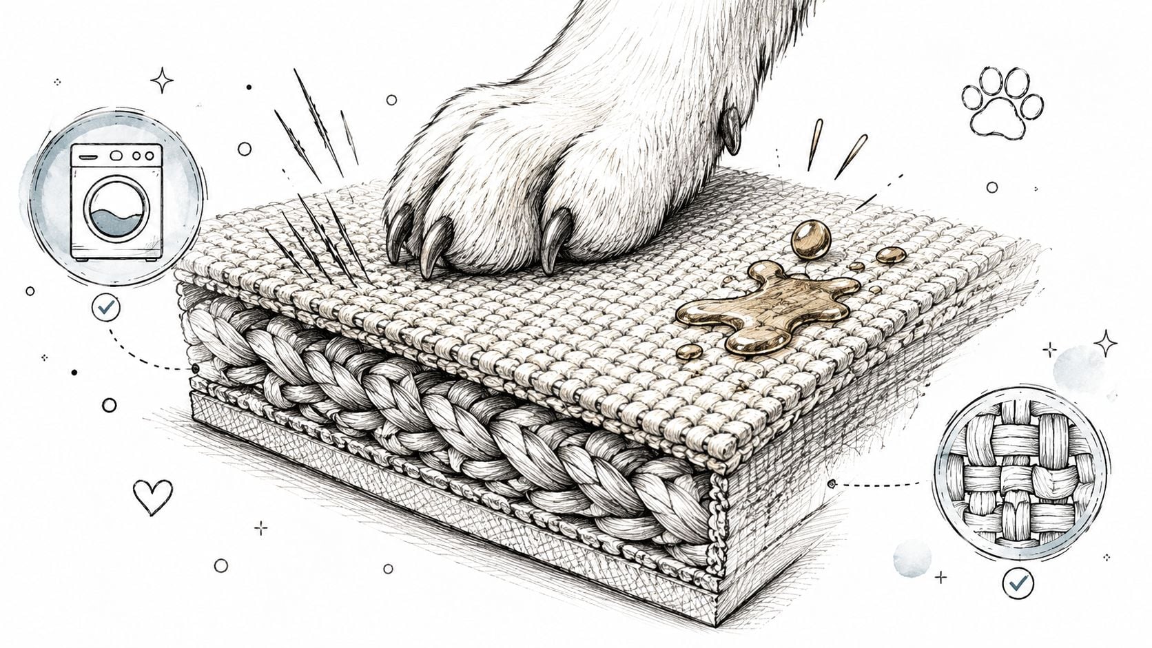 A detailed illustration showing the durable, scratch-resistant and liquid-repellent layers of pet-friendly sofa fabric.
