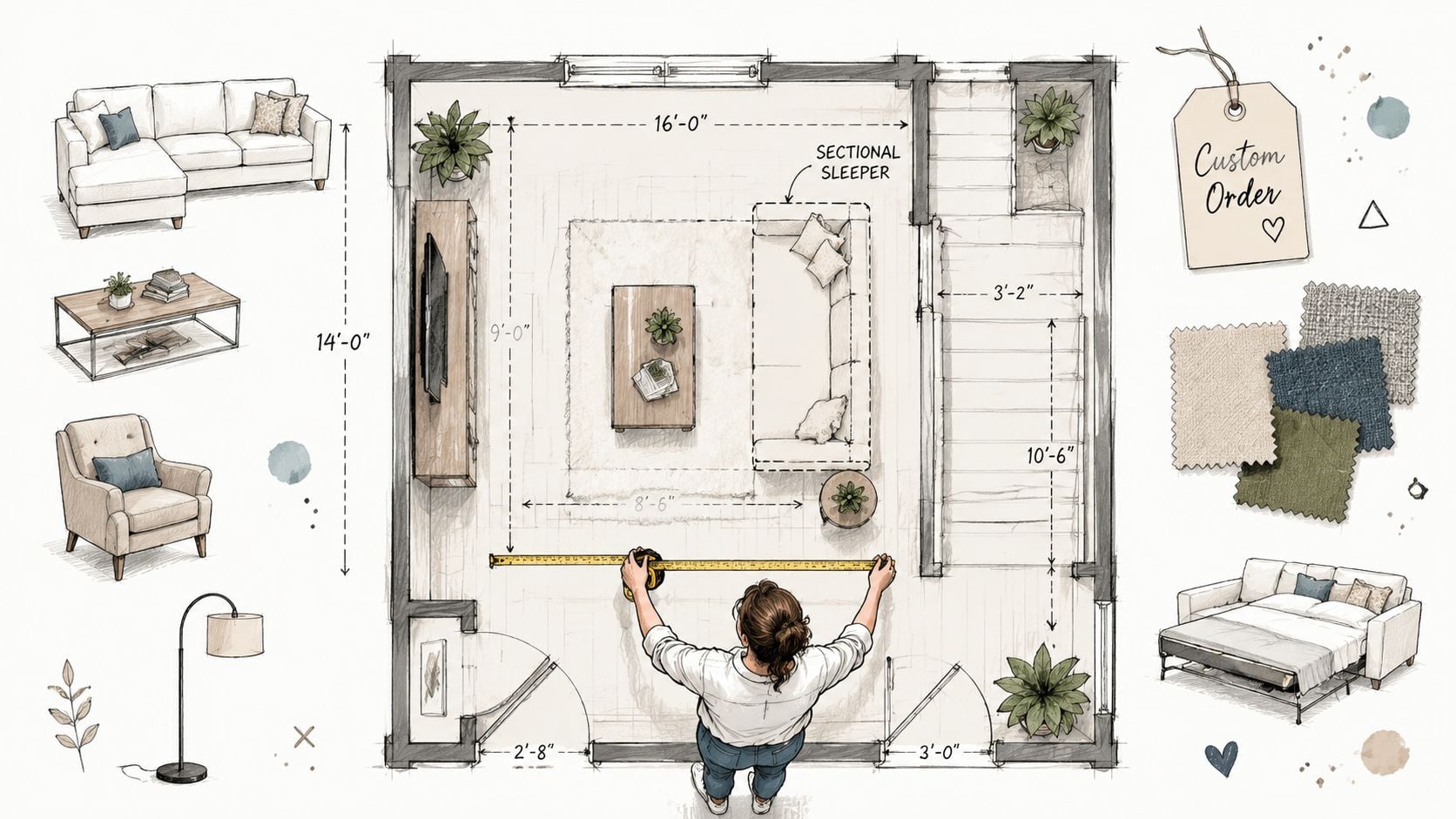 A top-down architectural sketch showing a person measuring a living room layout with sofa and furniture.