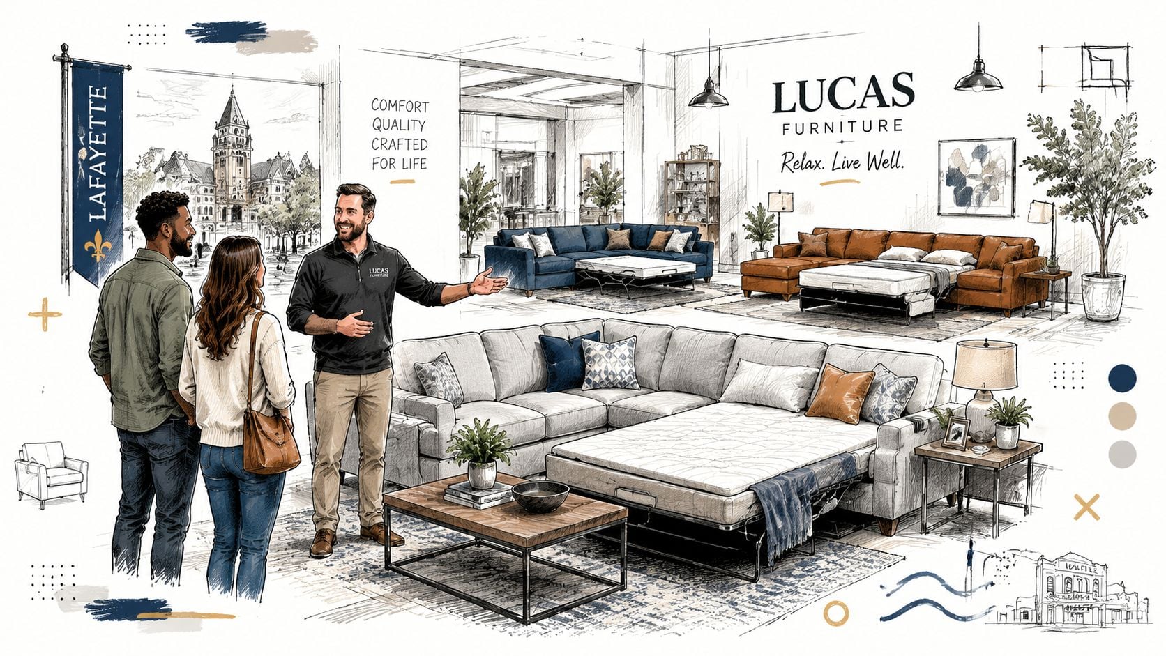 A friendly furniture store associate showing a couple various sectional sofas with pull-out sleeper beds.