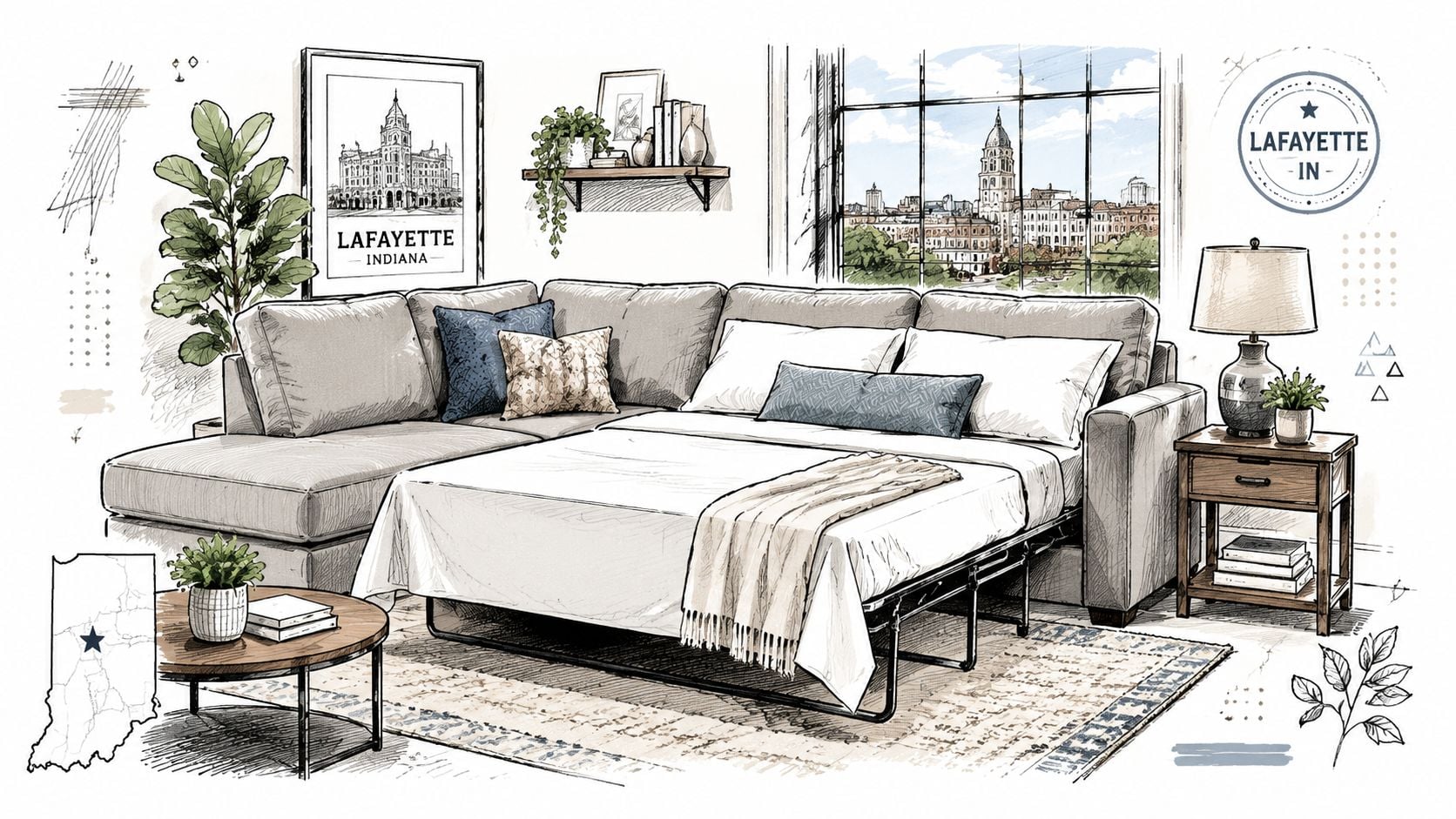 A hand-drawn sketch of a modern sectional sofa with a pull-out sleeper bed in a cozy living room.