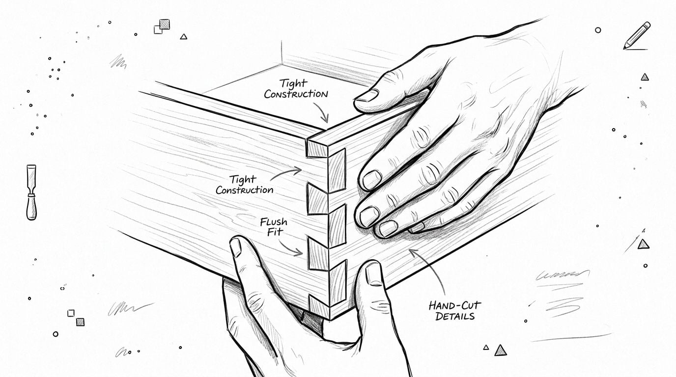 A detailed sketch of hands assembling a solid wood dovetail joint for high-quality furniture construction.