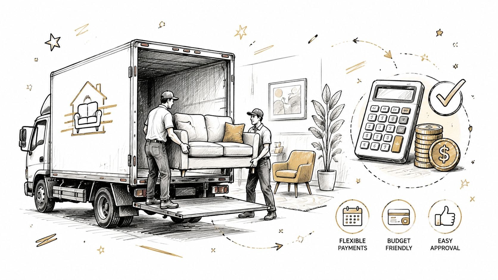 Two delivery workers loading a sofa into a truck with icons representing flexible payments and easy financing.