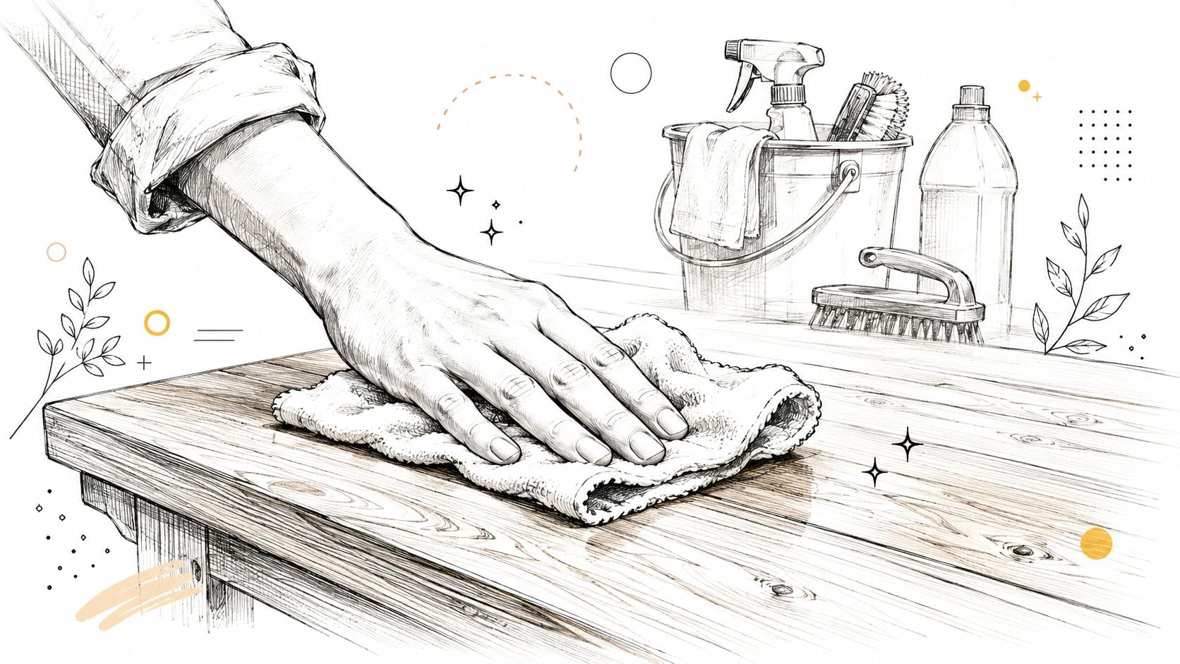 A detailed illustration of a person hand cleaning a wooden table surface with a soft cleaning cloth.