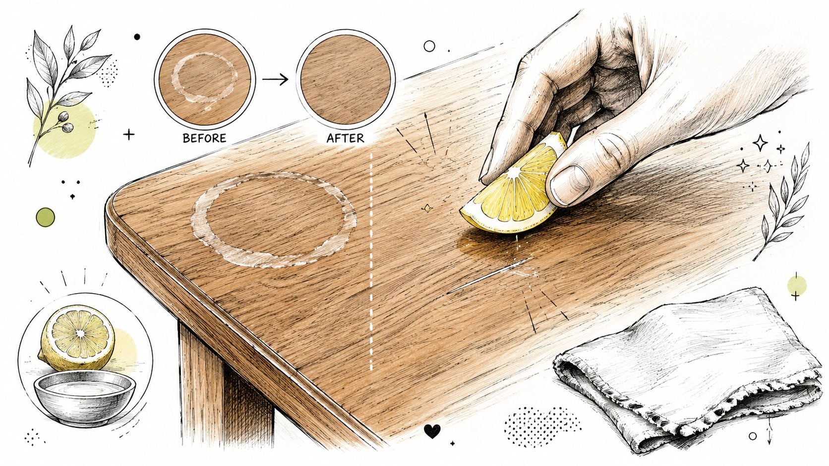 A hand using a lemon wedge to clean a water stain off a wooden table surface.