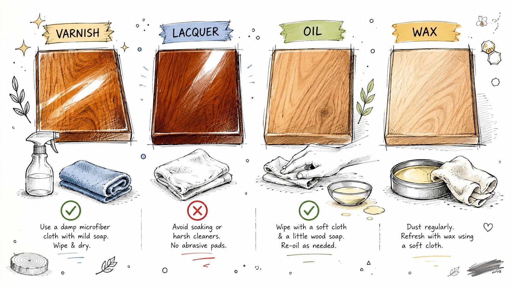 An infographic showing maintenance instructions for wood furniture finished with varnish, lacquer, oil, and wax.