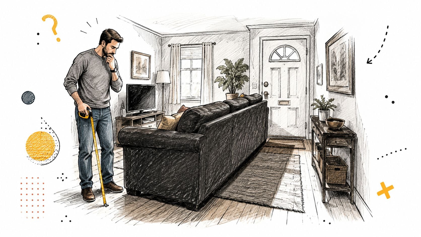 A man uses a tape measure in a living room while considering affordable couches for small spaces.